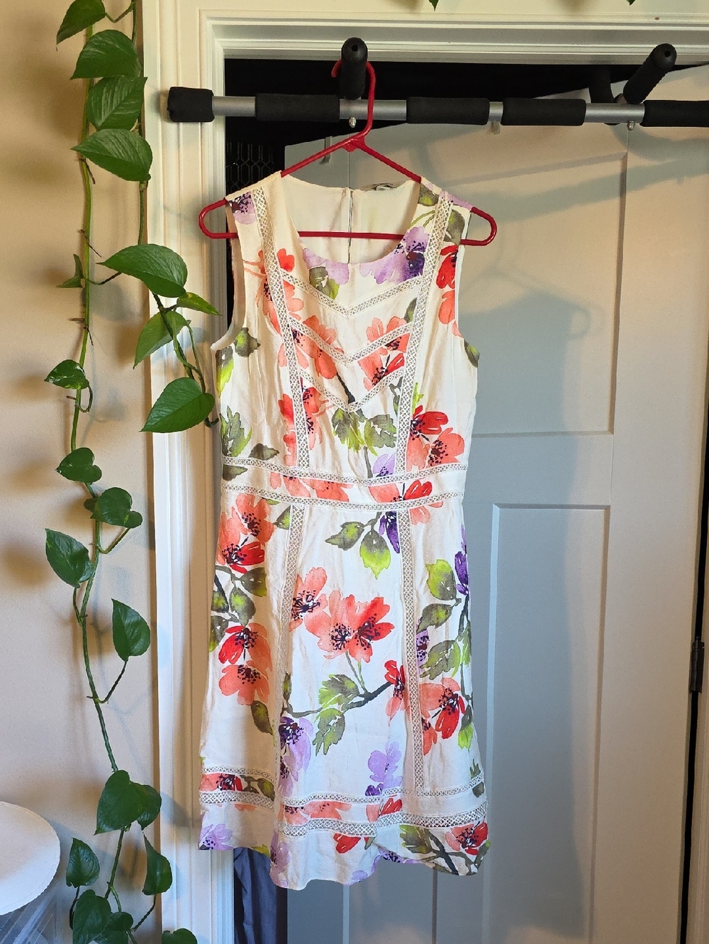 Lands' End Cream Floral Dress with Purple and Green Print